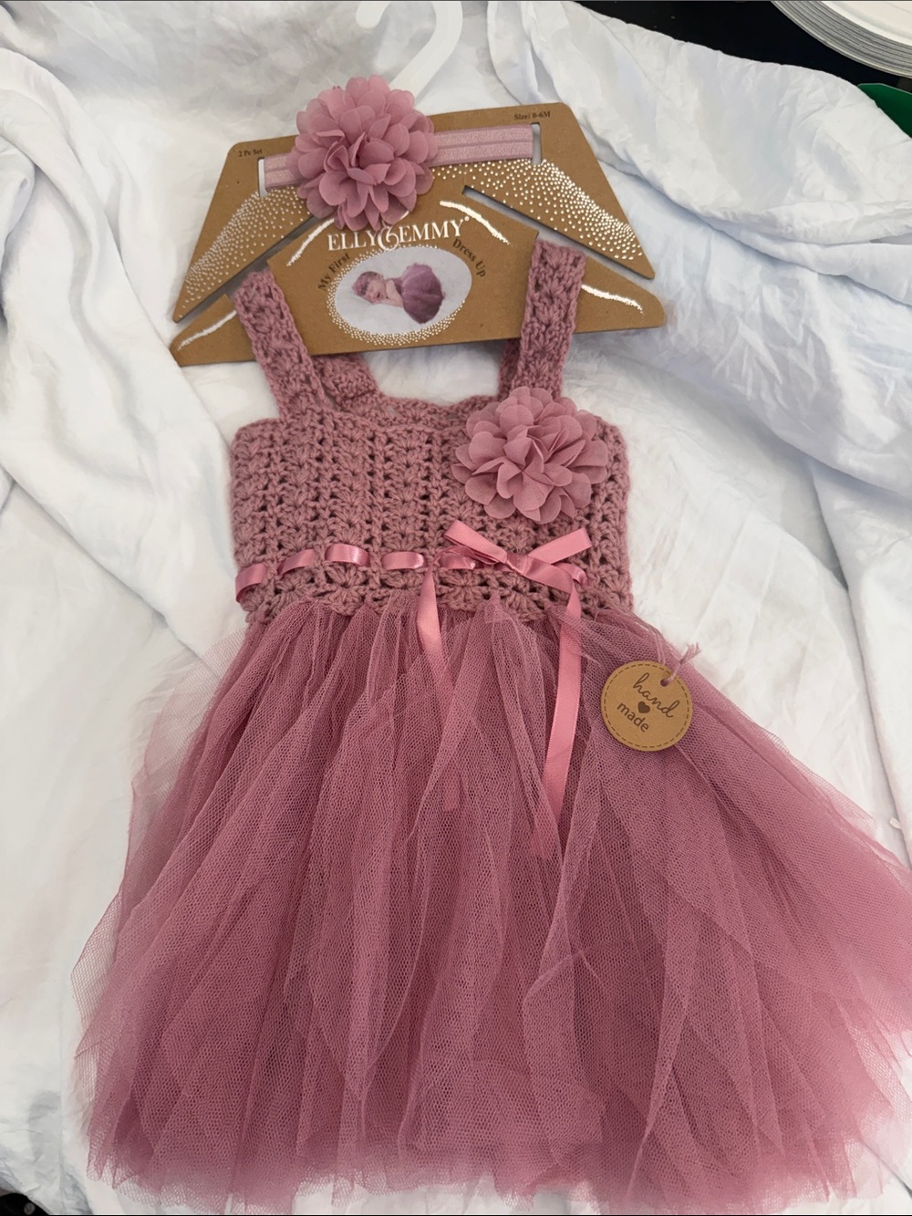 Elly & Gemmy Mauve Pink Tulle Crochet Baby Dress 0-6